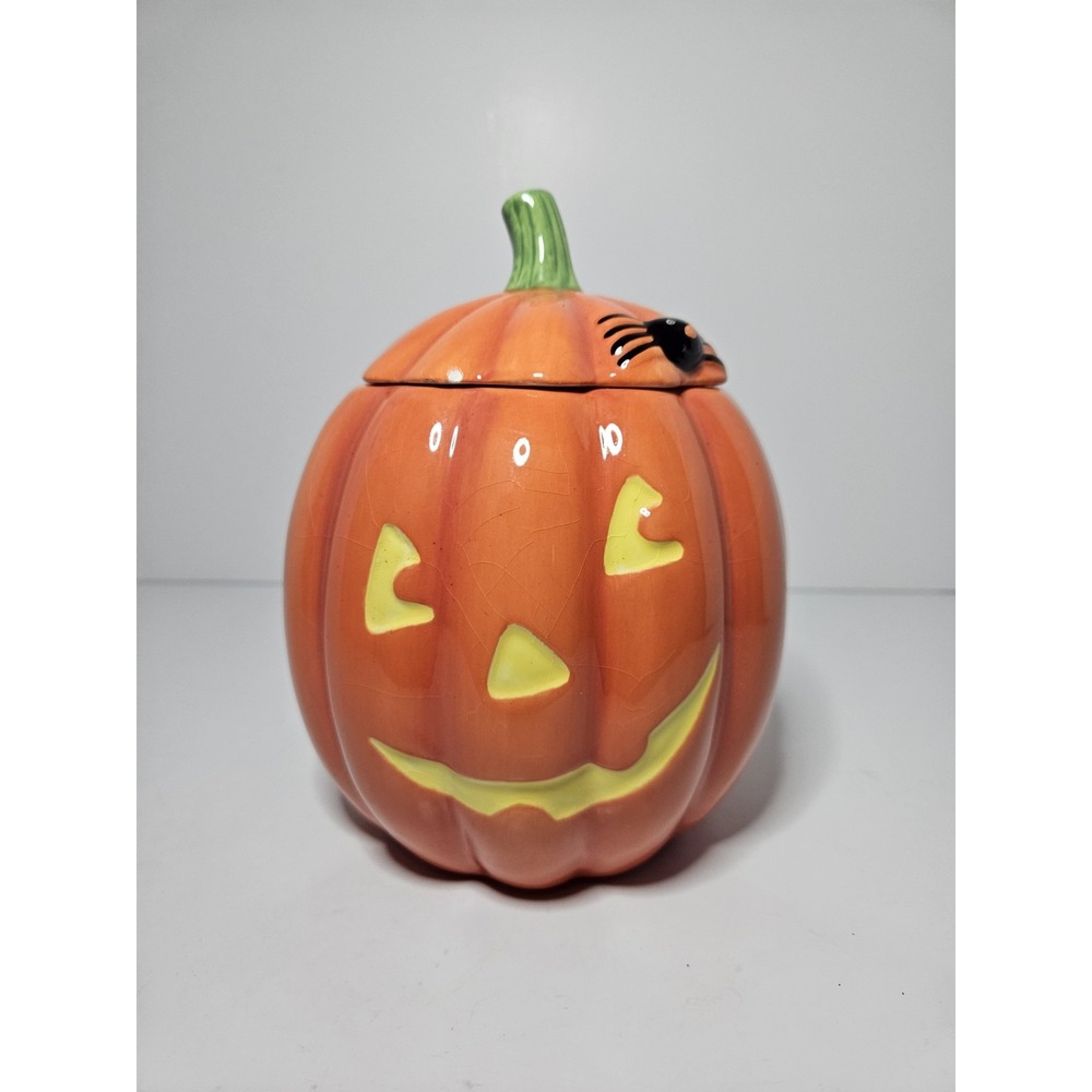 Hallmark Halloween Pumpkin Ceramic Cookie Jar Jack O Lantern Spider Vintage 7in